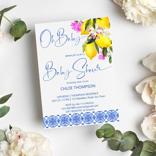 Blue tiles lemons bougainvillea oh baby shower invitation (Blue tiles lemon bougainvillea oh baby baby shower Mediterranean themed summer baby shower invite)