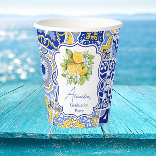 Blue tiles Lemons Graduation Paper Cups