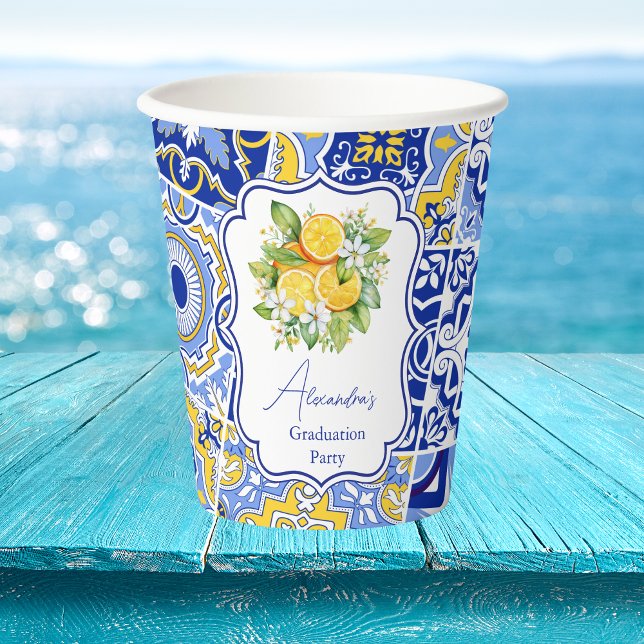 Blue tiles Lemons Graduation Paper Cups (Creator Uploaded)