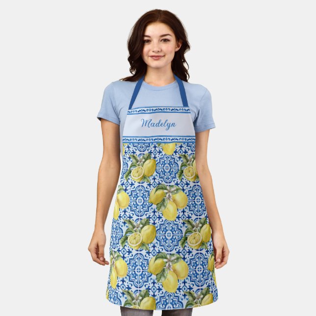 Blue Tiles Lemons Mediterranean Pattern Name Apron (Worn)