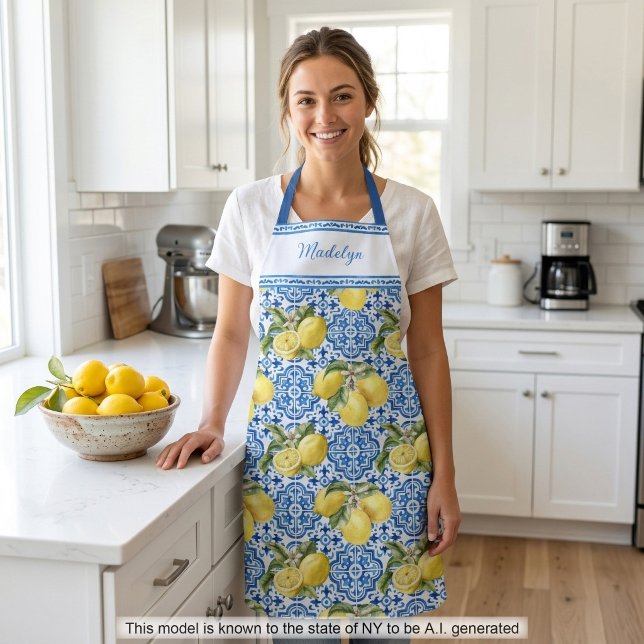 Blue Tiles Lemons Mediterranean Pattern Name Apron (Creator Uploaded)