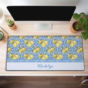 Blue Tiles Lemons Mediterranean Pattern Name Desk Mat