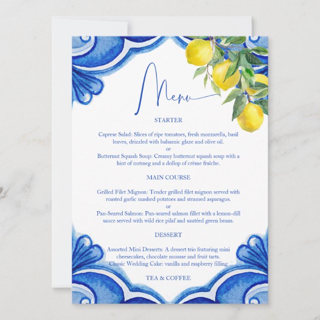 Blue tiles lemons vintage Italian menu card (Front)
