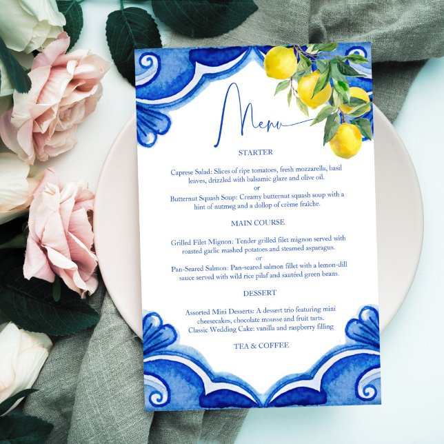 Blue tiles lemons vintage Italian menu card (Thats amore Blue tiles lemons vintage Italian bridal shower wedding dinner party menu card template)