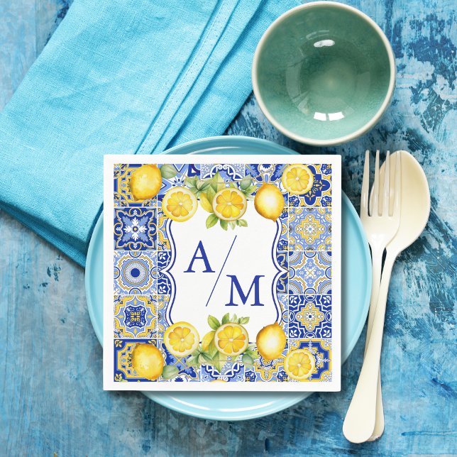 Blue tiles Lemons Wedding Napkin (Creator Uploaded)