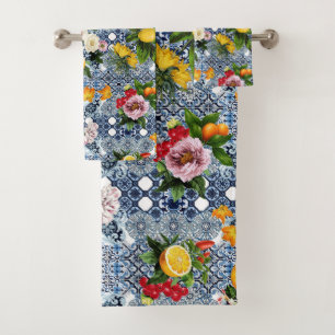 Blue tiles Mediterranean Floral Bath Towel Set