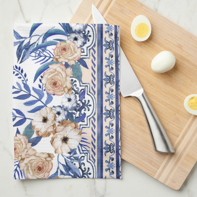 Blue tiles Mediterranean Floral  Tea Towel (Quarter Fold)