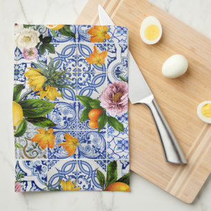 Blue tiles Mediterranean Floral  Tea Towel