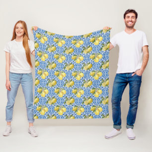 Blue Tiles Mediterranean Lemon Pattern Fleece Blanket