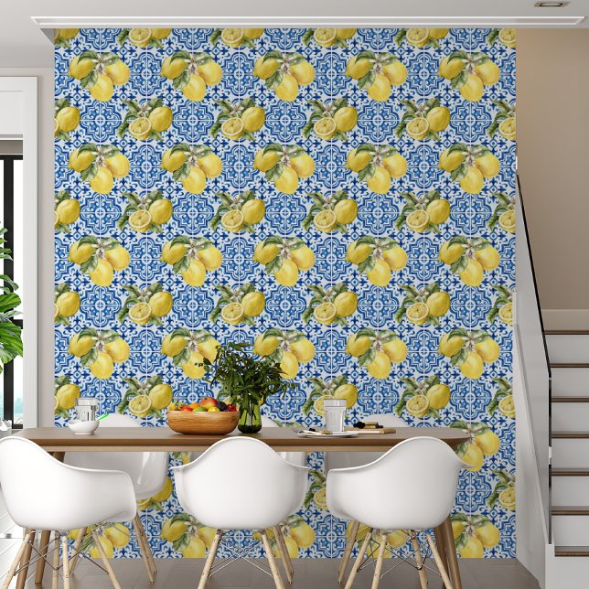 Blue Tiles Mediterranean Lemon Pattern Wallpaper (Creator Uploaded)