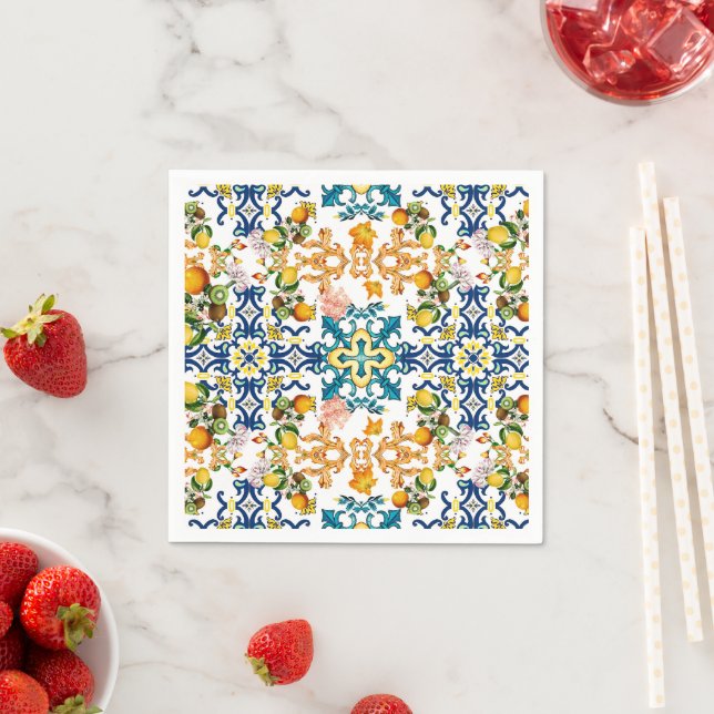 Blue Tiles Mediterranean Pattern Paper Napkin (Insitu)