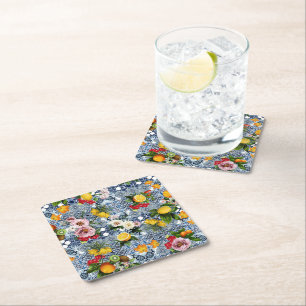 Blue Tiles Mediterranean Pattern  Square Paper Coaster