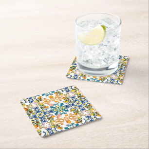 Blue Tiles Mediterranean Pattern  Square Paper Coaster
