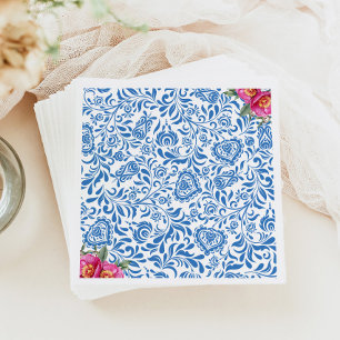 Blue Tiles Pink Flower Mediterranean Greek Party Napkin
