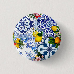 Blue tiles,Sicilian,majolica, mosaic art ,lemon  3 Cm Round Badge