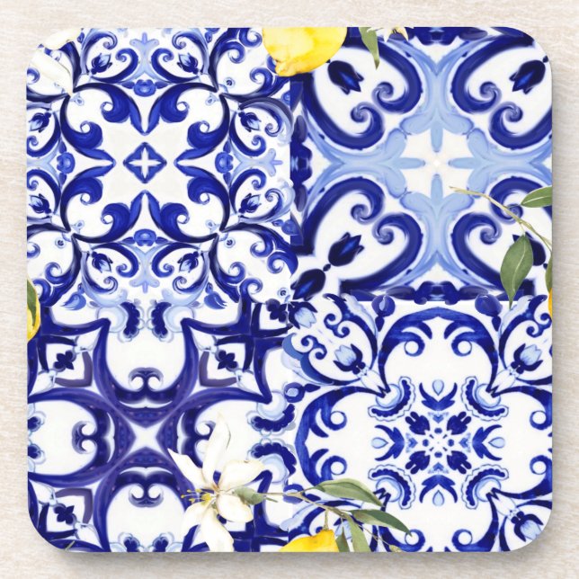 Blue tiles,Sicilian,majolica, mosaic art ,lemon  Coaster (Front)