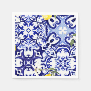 Blue tiles,Sicilian,majolica, mosaic art ,lemon  Napkin