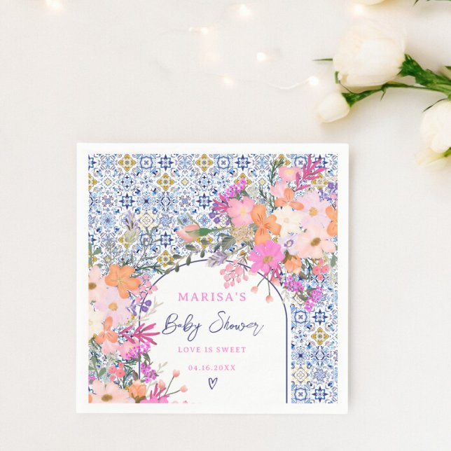 Blue tiles watercolor wildflowers baby shower napkin (Blue tiles watercolor wildflowers baby shower napkins)