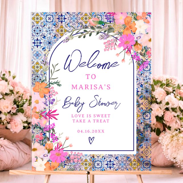 Blue tiles watercolor wildflowers baby welcome acrylic sign (Blue tiles watercolor wildflowers baby welcome acrylic sign)