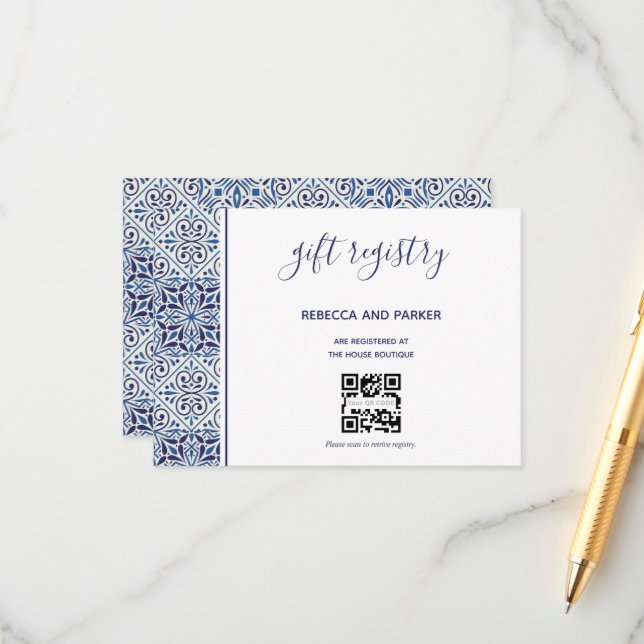 Blue tiles wedding Gift Registry QR code card (Front/Back In Situ)