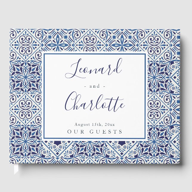 Blue tiles Wedding Guests Book keepsake (Front)