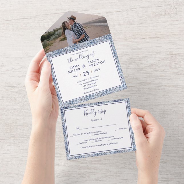 Blue tiles Wedding Invitation all in one 2 photos (Tearaway)