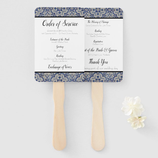Blue Tiles Wedding Order Of Service Fan (Front and Back)