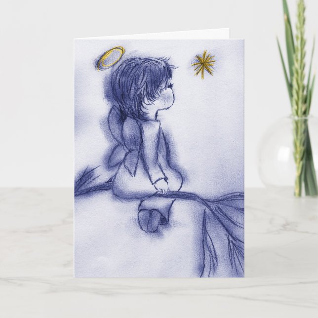 blue tint angel wishing holiday card (Front)