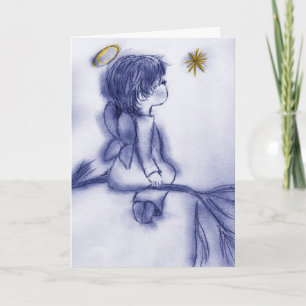 blue tint angel wishing holiday card