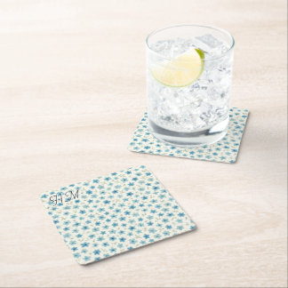 Blue Tiny Flower Simple Customize Your Initial Square Paper Coaster