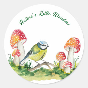 Blue Tit and Fly Agaric in a Forest Clearing Classic Round Sticker