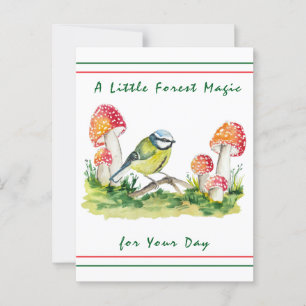 Blue Tit and Fly Agaric Watercolor Postcard