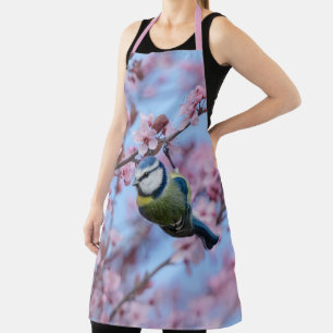 Blue Tit Bird in Pink Japanese Cherry Blossoms Apron