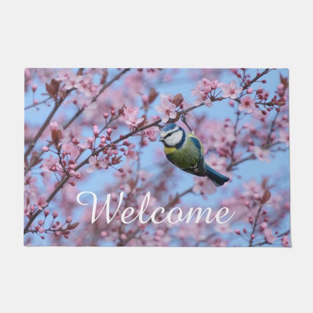 Blue Tit Bird in Pink Japanese Cherry Blossoms Doormat (Front)