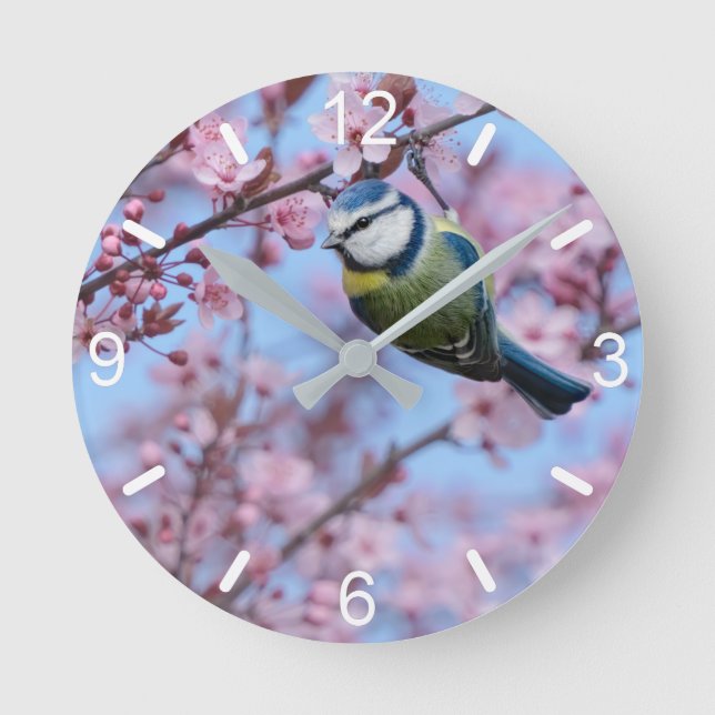 Blue Tit Bird in Pink Japanese Cherry Blossoms   Round Clock (Front)