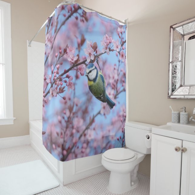 Blue Tit Bird in Pink Japanese Cherry Blossoms Shower Curtain (In Situ)