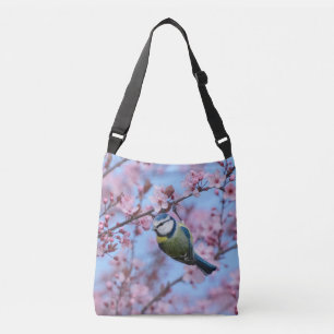 Blue Tit Bird in Pink Japanese Cherry Blossoms T Crossbody Bag