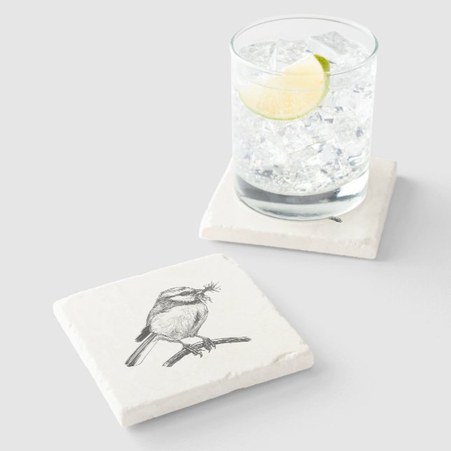 Blue tit bird ink drawing stone coaster (Side)