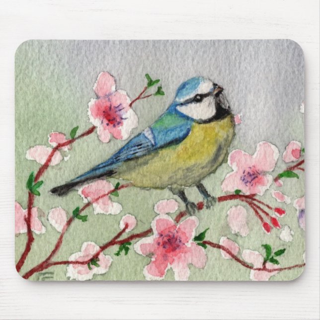 Blue Tit Bird On Cherry Blossom Tree Mouse Pad (Front)