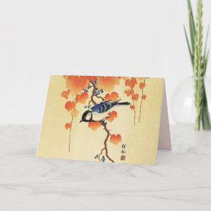 Blue Tit Bird,Paulownia Branch,Red Autumn Leaves Card