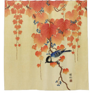 Blue Tit Bird,Paulownia Branch,Red Autumn Leaves Shower Curtain