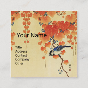 Blue Tit Bird,Paulownia Branch,Red Autumn Leaves Square Business Card