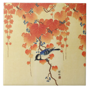 Blue Tit Bird,Paulownia Branch,Red Autumn Leaves Tile