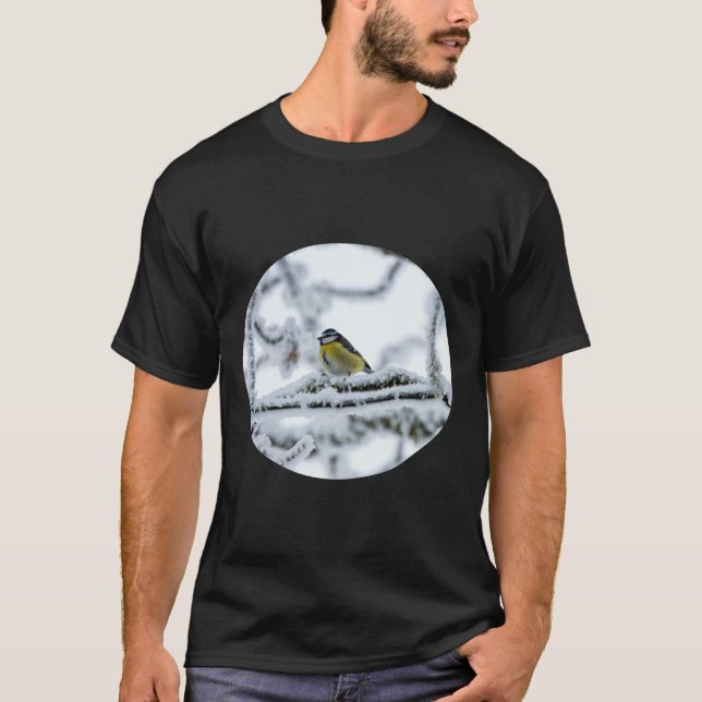 Blue Tit Bird Perched on Snowy Branch T-Shirt (Front)