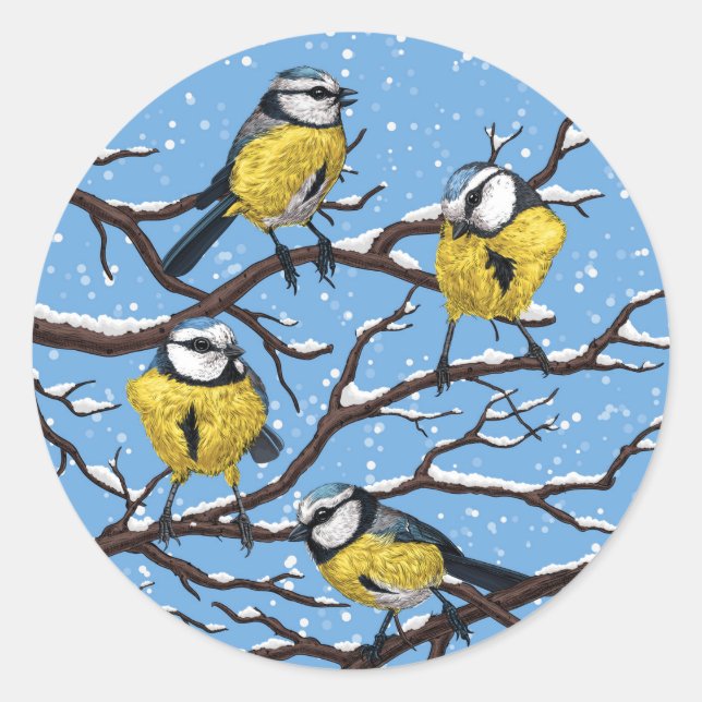 Blue tit birds in winter classic round sticker (Front)
