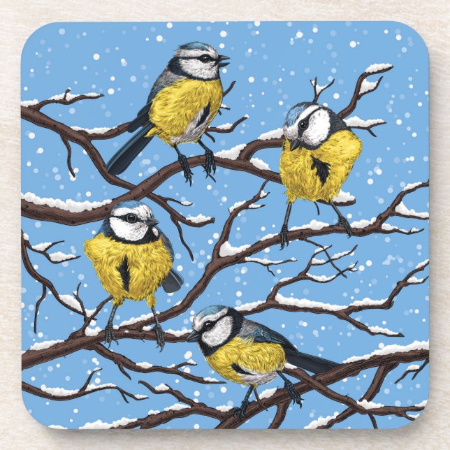 Blue tit birds in winter coaster (Front)