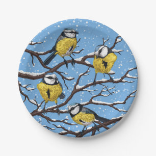 Blue tit birds in winter paper plate