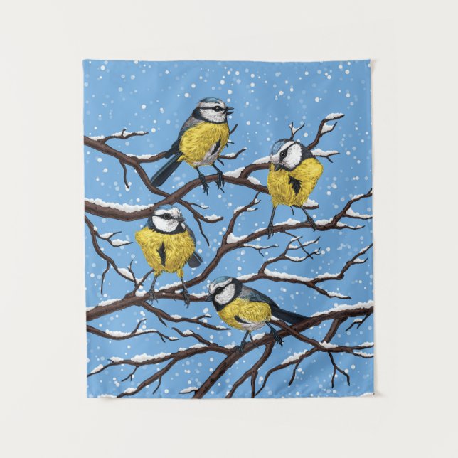 Blue tit birds in winter tapestry (Front)