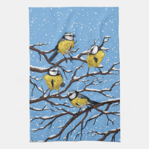 Blue tit birds in winter tea towel