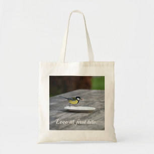 Blue Tit Feeding on Cake Plate Love at First Bite Tote Bag